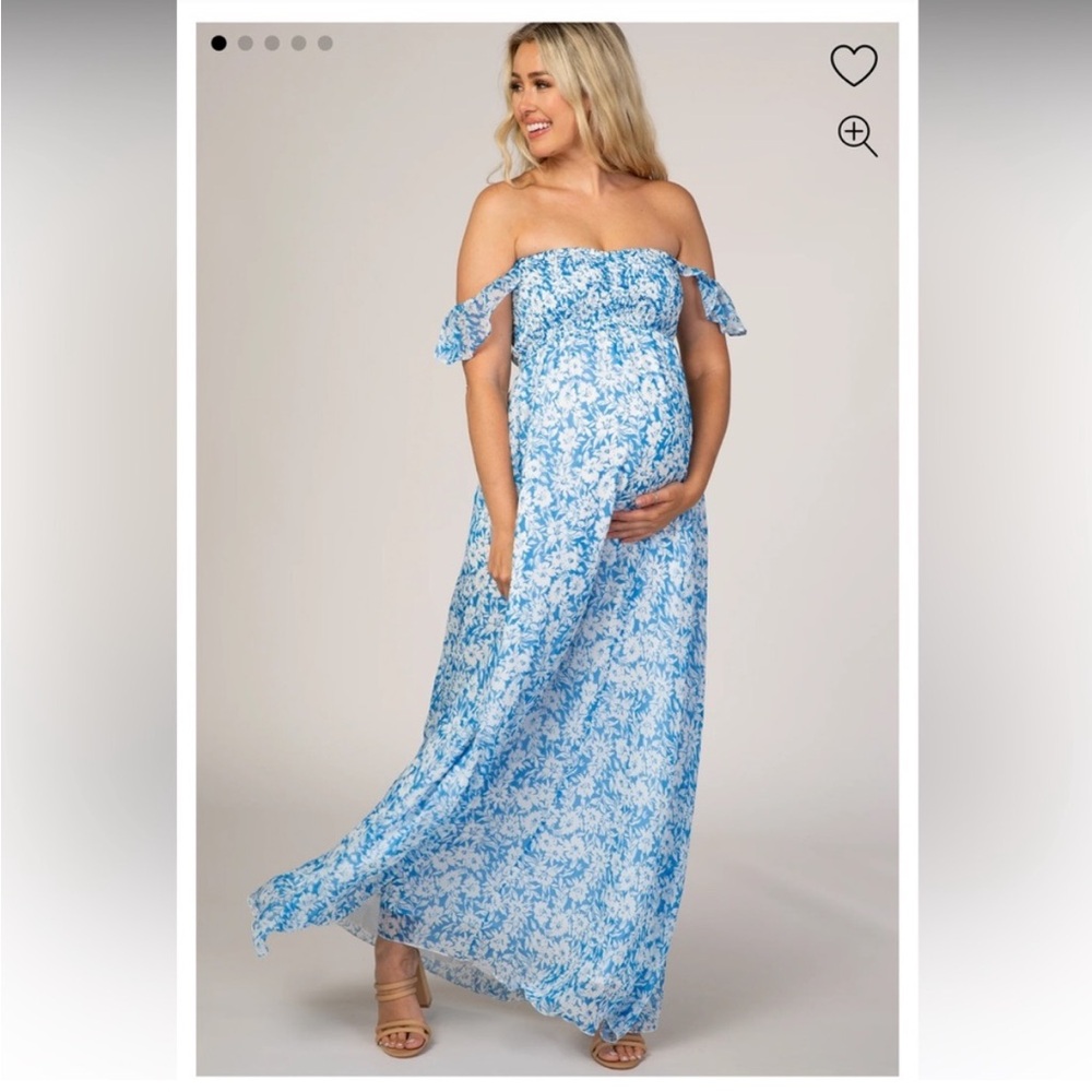 Maternity Blue Floral Off-Shoulder Maxi Dress Pinkblush